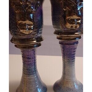 handmade pottery goblet candle holders metallic mermaid beach Medusa signed